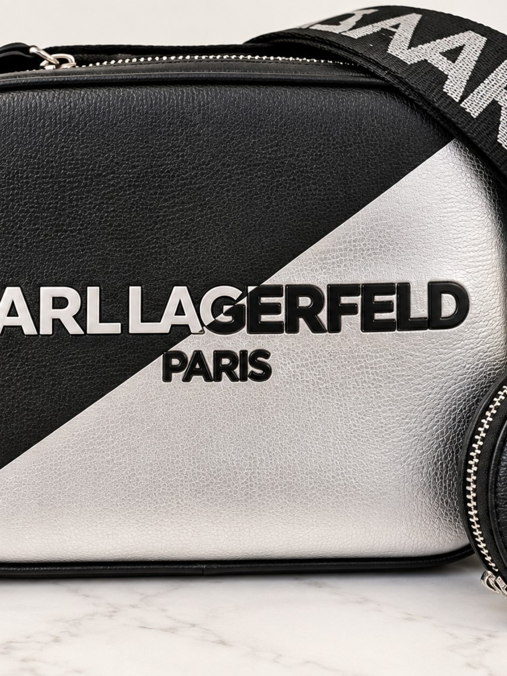 NWT Karl Lagerfeld Paris Maybelle Camera Crossbody Bag Black Silver + Coin Pouch